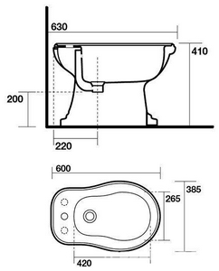 Биде напольное, 38,5х60хh41см, с 1 отв.д/смесит., (без крепл.к полу арт.7603 хх),  Kerasan Retro 1020 01