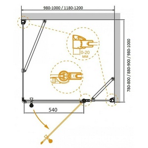 Душ.уголок 1000х1000хh1950мм, квадрат, распашная дверь с неподв.сегм. и бок.стенкой, ЛЕВАЯ, (стекло прозр.с мат.узором 6мм, проф.цв.золото),GiubleoZZ Cezares Giubileo GIUBILEO-AH-11-100-CP-G-L