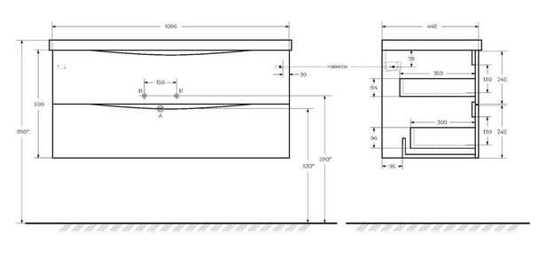 База под раковину подвесная с двумя выкатными ящиками, 1100х450х500мм, без раковины, (цв. Rovere Moro),  ZZ BelBagno Marino MARINO-1100-2C-SO-RW-P