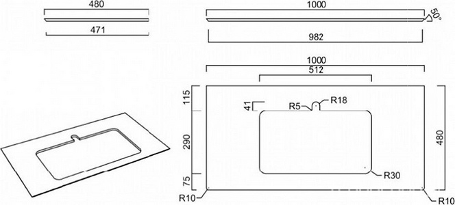 Cтолешница (верхняя) из плитки для мебели , 100 см, с отверстием для раковины и смесителя, "Фондамента серый" ZZ Kerama Marazzi Plaza PL2.DL500920R\100