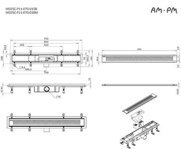 Душевой желоб 70 см, комбинированный затвор, черная матовая перфорированная решетка AMPM Универсал W02SC-P11-070-01BM