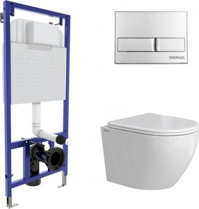 Комплект : инсталляция для подвес. унитаза + кнопка хром L3 + подвес. безободковый унитаз с сиденьем микрл. ZZ Berges OKUS 043386