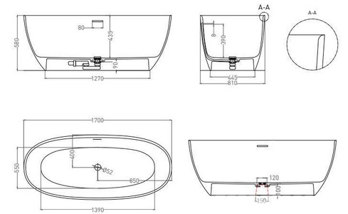 Ванна 1700х800хh580мм, отдельностоящая, литой камень S-Stone, матовый цв.RAL9011, донный клапан Up&Down в компл.,  ZZ Salini Alda 101922MRF / RAL9011 Graphite black (Черный матовый)