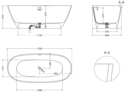 Ванна 170х80хh61cм, отдельностоящая, литой камень Solid Surface цв.белый матовый, интегрир.слив-перелив, крышка слива в цв.ванны, сифон в к-т,  LOFO LOFO UM12122