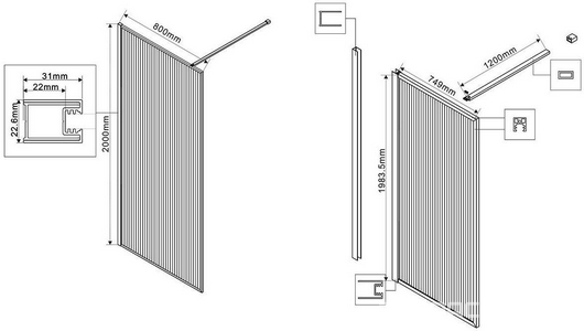 Душевая перегородка 800хh2000мм, правая/левая, (стекло рифленое 8мм Easy Clean, укорачиваемый кронштейн 1200мм, фурнит.цв.вороненая сталь),  ZZ Vincea Walk-In VSW-1HP800FLGM