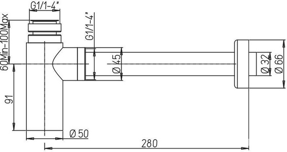 Сифон для раковины, 1 1/4, горизонтальная часть 280мм, (металл цв.хром),  ZZ Paini Cox 78CR849