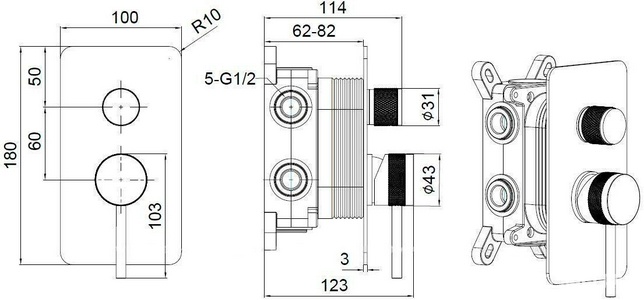 Смеситель для душа/ванны, встраиваемый в стену, с переключателем на 3 выхода, (цв.золото браш.),  3.0 ZZ Allen Brau Priority 5.31A11-GB