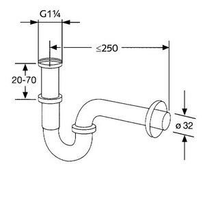 Трубчатый сифон для раковины G1 1/4*32 мм с отводной дугой 32*200 мм и отражателем, хром Kludi Универсал 1025005-00