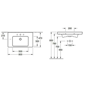 Раковина 800х470мм, c 1 отв. д/смес., с переливом, для установки с мебелью и п/пьедесталом, (цв. 01 white),  Villeroy & Boch Subway 2.0 71758001