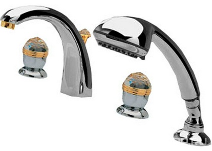 Смеситель для ванны, встраиваемый в борт на 4 отв., шланг, лейка д/д в компл., (цв. хром/золото),  ZZ 3M Okay Swarovski 4671 CD