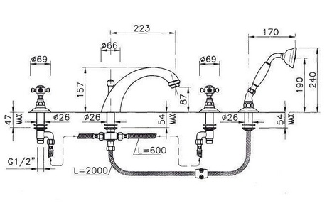 Смеситель для ванны, встраиваемый на 4 отв., (цв.латунь, Rubino Tagliato Cut Rubin) Le Pietre ZZ Nicolazzi Extra Lusso 2104 GB 09
