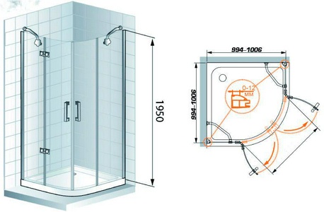 Душ. уголок 1000х1000хh1950мм, 1/4 круга, R550мм, 2 расп.двери, вход 730мм, с 2-мя неподв.сегм., (стекло прозр., 8мм, фурн/золото), Magiс ZZ Cezares Magic MAGIC-R-2-100-C-G