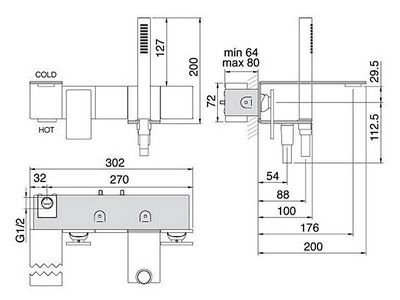 Смеситель для ванны, встраиваемый в стену,  ручк., шланг, лейка в компл., (цв. тертая сталь),  ZZ 3M 5mm RWIT 2805 IS 12