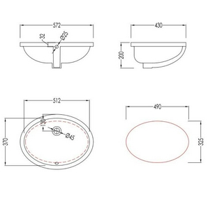 Раковина встраиваемая в столешницу снизу, 572/512х430/370хh200мм, без отв./д смес., с переливом, White 56 ZZ Devon & Devon Vasche in Vetroresin CTPLASOINB.CO