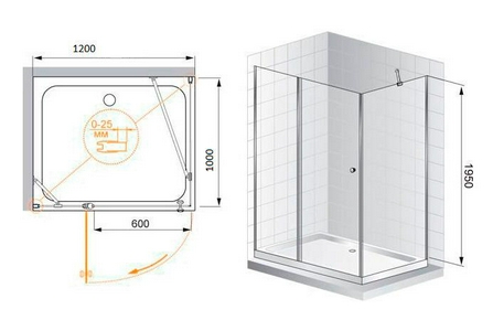 Душевой уголок 1200х1000хh1970мм, прямоугольный, "Правый", распашн. дверь, вход 600мм, (стекло прозр. 6мм, фурнит. цв.хром),  ZZ Cezares Triumph TRIUMPH-AH-1-120/100-C-Cr-R