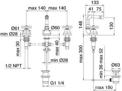 Cмеситель для биде на 3 отв., с д/к, (цв.хром),  ZZ 3M Romantica 3627 CC VE