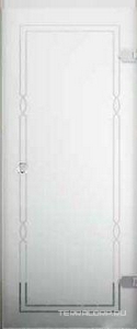 Дверь д/д 700хh1900мм, (Без проф., стекло мат.декорированное,тип"С", рис. по периметру стекла"Tie", DX петли справа, цв. хром),  ZZ Devon & Devon Modern 70 M/70/CrC/DX/GU