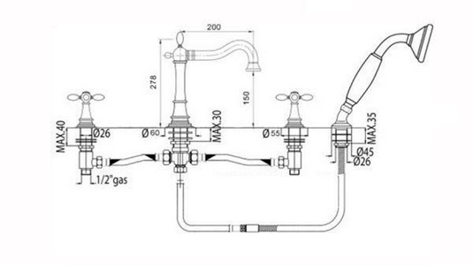 Смеситель для ванны, встраиваемый, на 4 отв., лейка, шланг в компл., (цв. латунь),  ZZ Gaia Chopin RN 680 LU