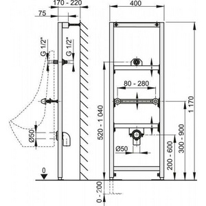 Инсталляция для писсуара с открытой системой крепежа, БЕЗ сифона и крана смыва (клавиша смыва не предусм.) ZZ AlcaPlast Универсал A107/1120