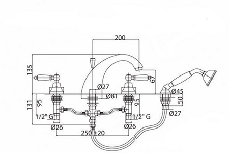 Смеситель для ванны, врезной на борт, на 4 отв., шланг, лейка в компл., (цв. бронза, ручки белые),  ZZ Cezares First FIRST-BVD-02-Bi