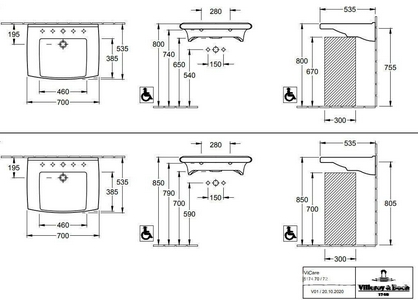 Раковина 700х530мм, 1 отв. д/смес. (01 white) с переливом,  ZZ Villeroy & Boch Lifetime 51747001