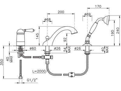 Смеситель для ванны, встраиваемый на 3 отв., лейка, шланг в компл., (цв.золото 24k, ручка ), Nicolazzi ZZ Nicolazzi Cristallo 3414 GO 33