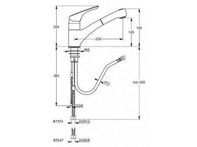 Смеситель для кухни, с выдвижным душем, 2 типа струи, с клапаном для подключения к посудомоечной машине, (цв.хром),  ZZ Ideal Standard Cerasprint New B5348AA