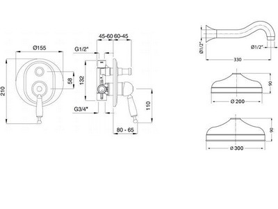 Смеситель для душа, встаив. в стену с переключ., c верхн.стацион. душем 20см, лейка, шланг, кронш. в компл., (цв.антич.золото, ручка белая), Canterbur Gaia Canterbury RB 6398/20 LU