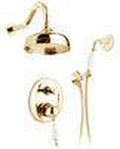 Смеситель для душа, встаив. в стену с переключ., c верхн.стацион. душем 20см, лейка, шланг, кронш. в компл., (цв.антич.золото, ручка белая), Canterbur Gaia Canterbury RB 6398/20 LU