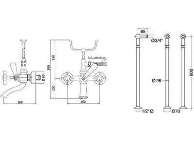 Смеситель для ванны, напольный, трубы 2шт., лейка, шланг, кронштейн в компл., (цв.антич.золото),  ZZ Gaia Victoria RN 500/C2 LU