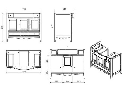 Тумба 97х54,2хh81см, 3 расп.двери, петли Blum, 3 выдв.ящика, раковина 105см, 1 отв.д/смес.в компл.(дерево бук, цв.grigio, ручки Riflesso цв.бронза в к TW Collection Veronica VER6105-G+AR874