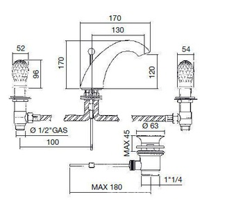 Смеситель для раковины на 3 отв., с д/к, (цв. бронза, ручки муранское стекло ручной работы),  ZZ Oasis Venice 000RBVEHBR