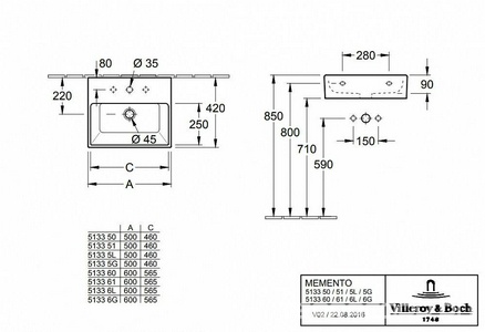 Раковина 600х420мм, 1 отв. д/смес., без перелива, для установки с мебелью, (цв. R1 White ceramicplus),  ZZ Villeroy & Boch Memento 51336GR1