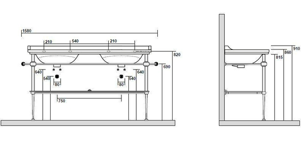 Структура металлическая, для установки под двойную раковину 150см. арт.4143хх, стекл. полка, крепёж в компл., (цв.золото),  ZZ Kerasan Waldorf 9195K2