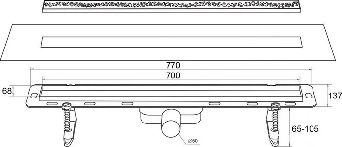 Дренажный канал в сборе, (сифон с гидрозатвором 0,4 л/с решетка PERLE 700мм, нерж. сталь, монтажная глубина 65-105мм), WINKIEL/ ZZ Winkel Ekoline WDO-700-03-4402