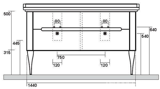 Тумба подвес., для устан. под 2-ю раков. 150см. арт.4143 хх, 1 выдв.ящик, 1откидн.дверь, без ножек, крепёж в компл., (цв.орех),  ZZ Kerasan Waldorf 919146