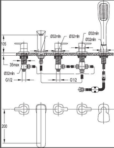 Смеситель для ванны, встраиваемый в борт, на 5 отв., лейка, шланг в компл., (цв. хром),  ZZ Cezares Tesoro TESORO-F-BVD5-01