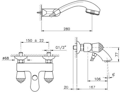 Смеситель для ванны, лейка, шланг, кронштейн в компл., (цв. Inglish gold/ручки с кристалами Swarovski),  ZZ Nicolazzi Cristallo 2002 GF 22