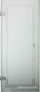 Дверь д/д 800хh1900мм, (Без проф., стекло мат.декорированное,тип"С", рис. по периметру стекла"Cornice Savoy", SX петли слева, цв. хром),  ZZ Devon & Devon Modern 80 M/80/CrC/SX/GU