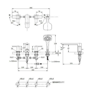 Смеситель для ванны, встраиваемый в борт на 4 отв., с душевым гарнитуром, (цв.хром),  ZZ Toto SG/Jewelhex TBG02202R