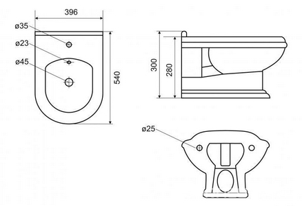 Биде подвесное 396х540мм, с 1 отв. д/смесителя,  ZZ Cezares King Palace CZR-618-TH