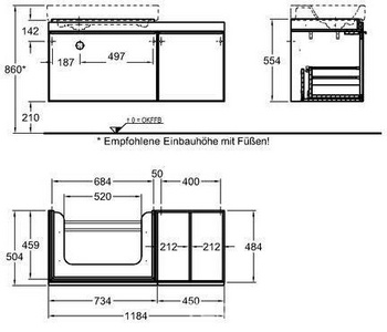 Тумба 1184хh554х504мм, полочка справа, 2 выдв. ящика, 1 внутр ящик, д/уст. с рак. арт. 123575, (цв.свет дуб, стекл. фронт/пан беж. цв.), креп/компл ZZ Geberit Citterio 500.562.JI.1