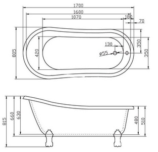 Ванна 1700x805xh815 мм, акрил, отдельностоящая, БЕЗ ножек, слива-перелива, гидрозатвора, BelBagno ZZ BelBagno Универсал BB04