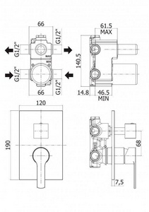 Смеситель для душа, встраиваемый в стену, на 3 потребителя, с комбо положением, (цв.хром),  ZZ Cezares Ovest OVEST-DEV3-01
