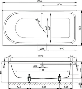 Ванна 170х80хh45см, перелив сзади, с шумоизоляц, (БЕЗ ножек арт.B23-1500 и удлинённого слива-перелива), (цв.белый с антислип, с Glaze Plus),  ZZ Bette Ocean 8765-000 PLUS, AR