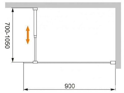 Душевая перегородка 900хh1950мм, правая/левая, (стекло прозрачное 8мм, поперечный кронштейн 700-1050мм, фурнит. цв.хром),  ZZ Cezares Liberta LIBERTA-L-1-90-C-Cr