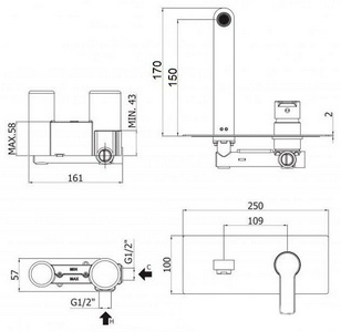 Смеситель для раковины настенный, излив 150мм, (внутр.часть в компл.), (цв.белый матовый),  ZZ Cezares Ovest OVEST-BLI-15-BIO