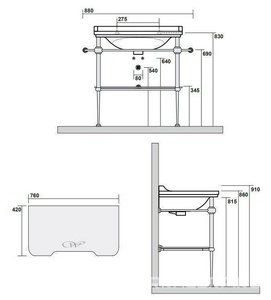 Структура металлическая, для установки под раковину 80см. арт.4141 хх, стекл. полка, крепёж в компл., (цв.хром),  ZZ Kerasan Waldorf 9197 K1