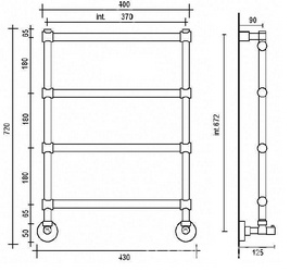 Полотенцесушитель 400/430хh720х125мм, 4 перекладины, подвод воды int.370мм, (цв.бронза), краны, крепёж в компл., (ГВС, 6 bar) Margaroli 442 ZZ