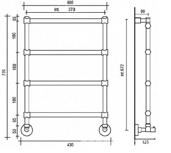 Полотенцесушитель 400/430хh720х125мм, 4 перекладины, подвод воды int.370мм, (цв.бронза), краны, крепёж в компл., (ГВС, 6 bar) Margaroli 442 ZZ Margaroli Sole 442-400x713,5-370/4M Old Brass